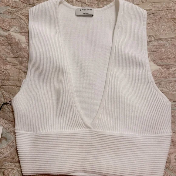 NWT Babaton Aritzia White Deep V Crop Tank Top Quite Luxury Minimalist Cropped - Picture 3 of 6